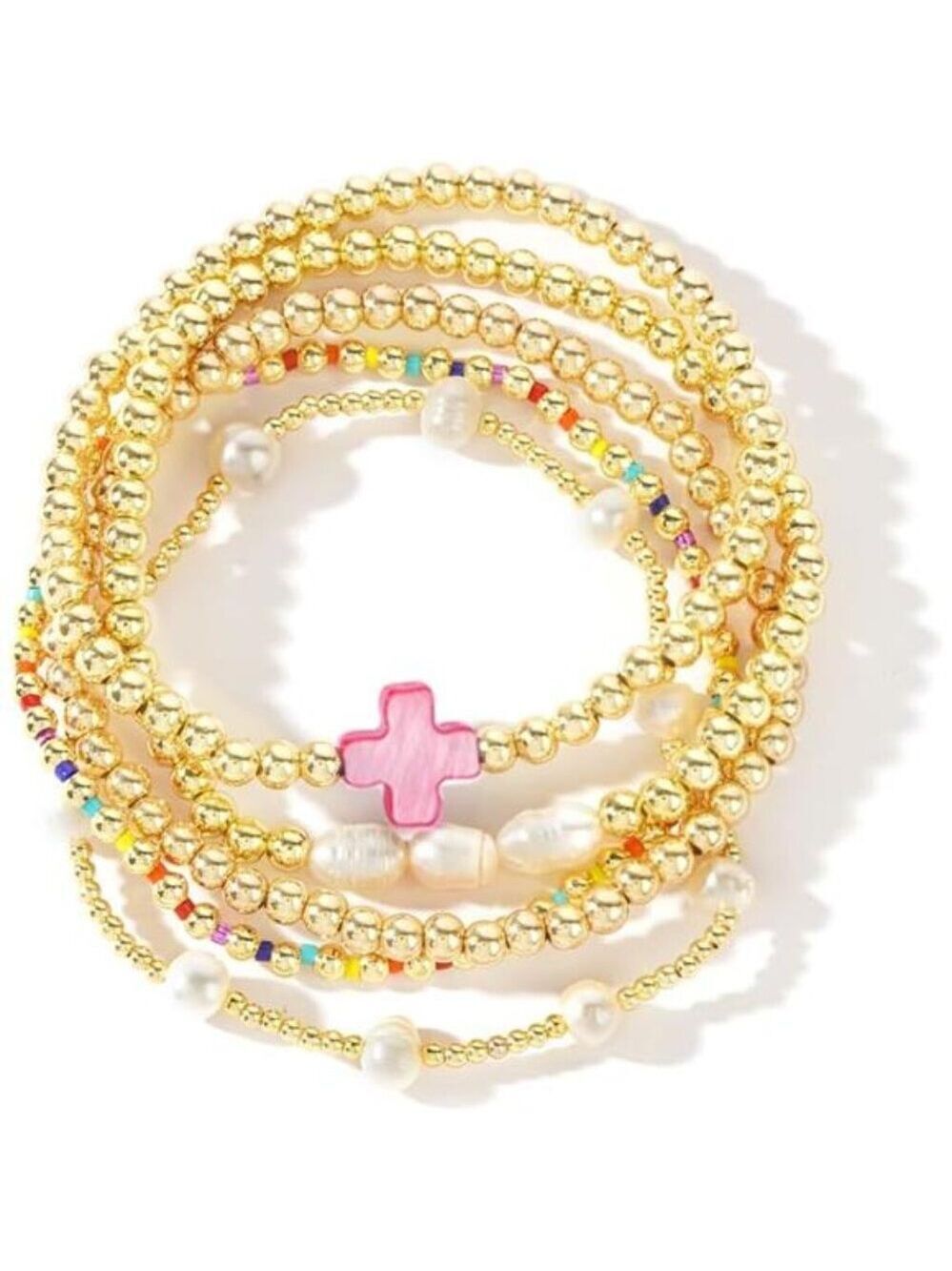 Gold Pearl Beaded Cross Bracelet Set Stretch Boho Layered Christian Jewelry